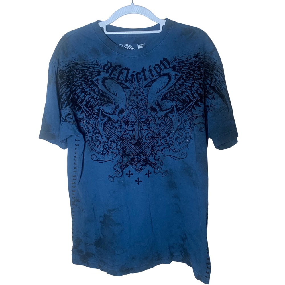 Affliction Graphic T-Shirt Mens Large Blue Winged Skull Whipstitch Tie Dye *Flaw